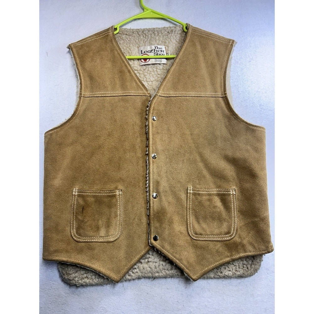 The Leather Shop Vintage Sears Tan Leather Vest Sherpa Lined Size M